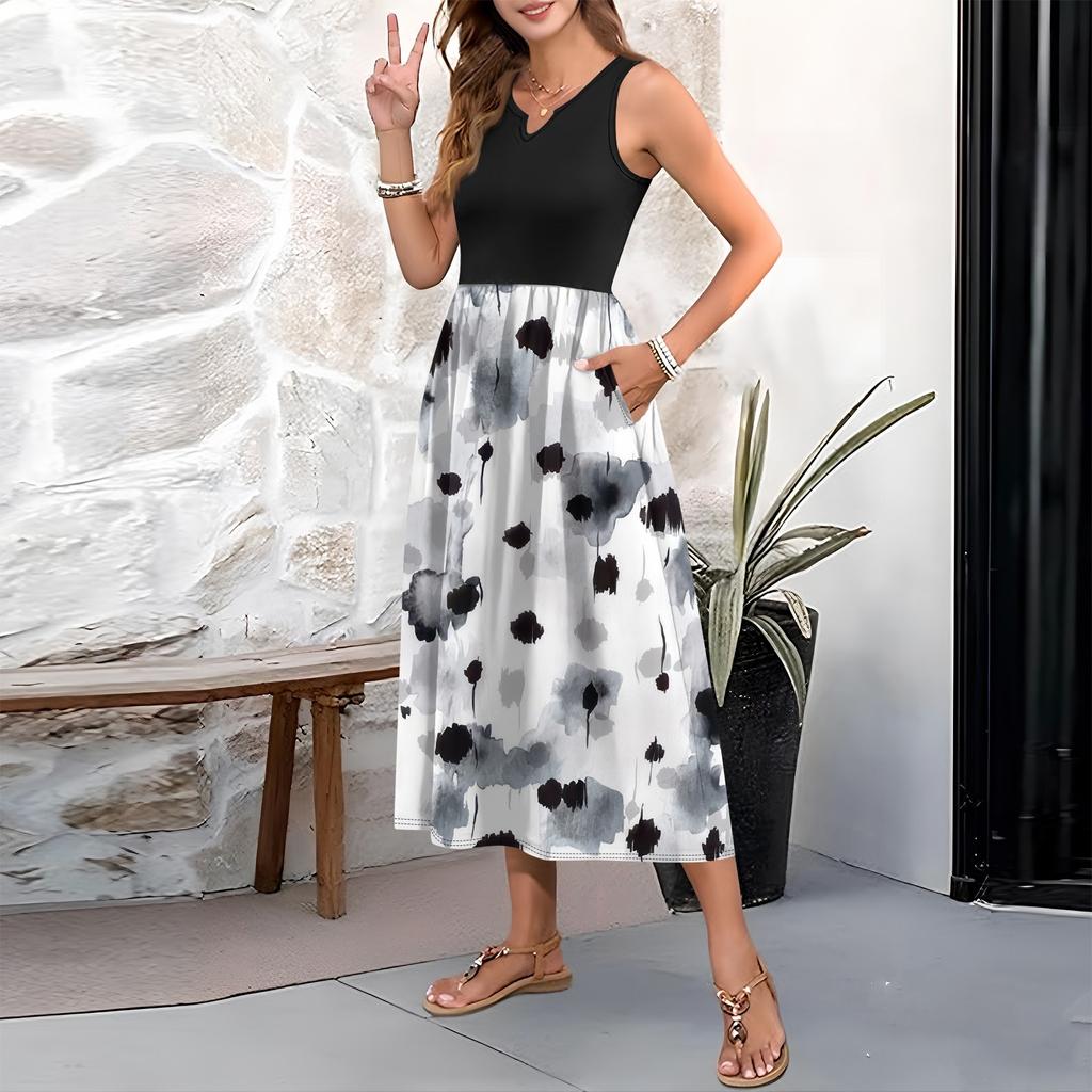 Женское платье без рукавов с цветочным принтом и высокой талией, модное и элегантное
