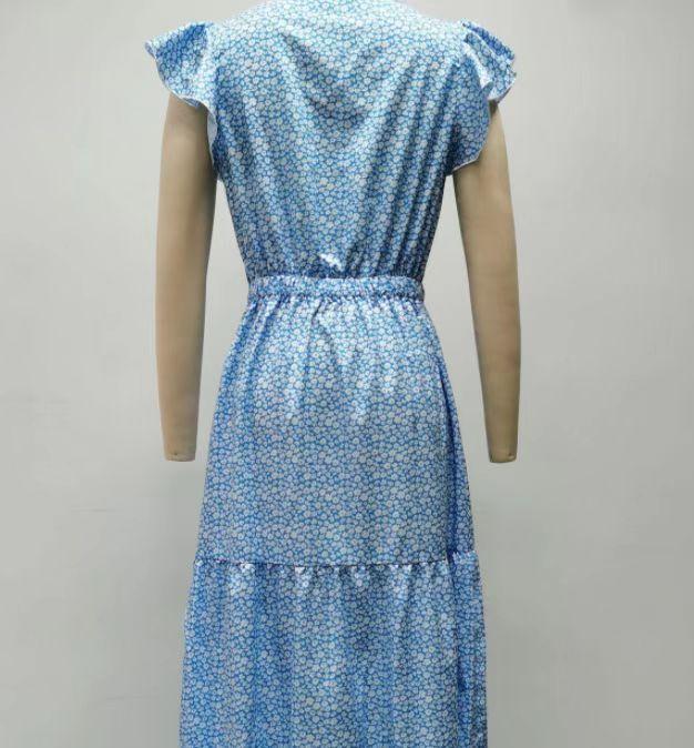 Women Holiday Spandex Beach Long Layered Dress Easy Ruffles V-Neck Floral Summer Bohemian Elegant Elastic Waist Short Sleeve Dress