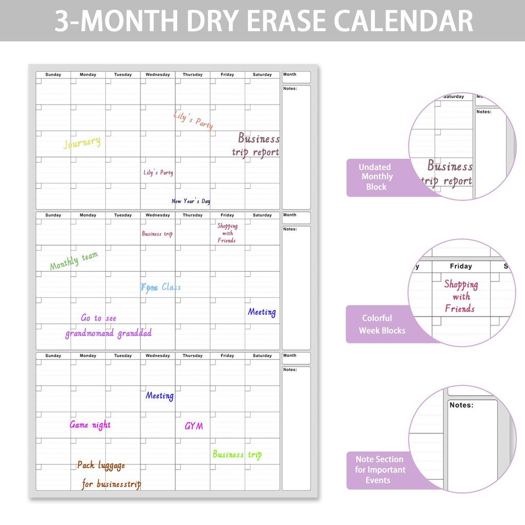 Undated 3 Month Erase Wall Calendar – Reusable Planning Board For Home 1ml