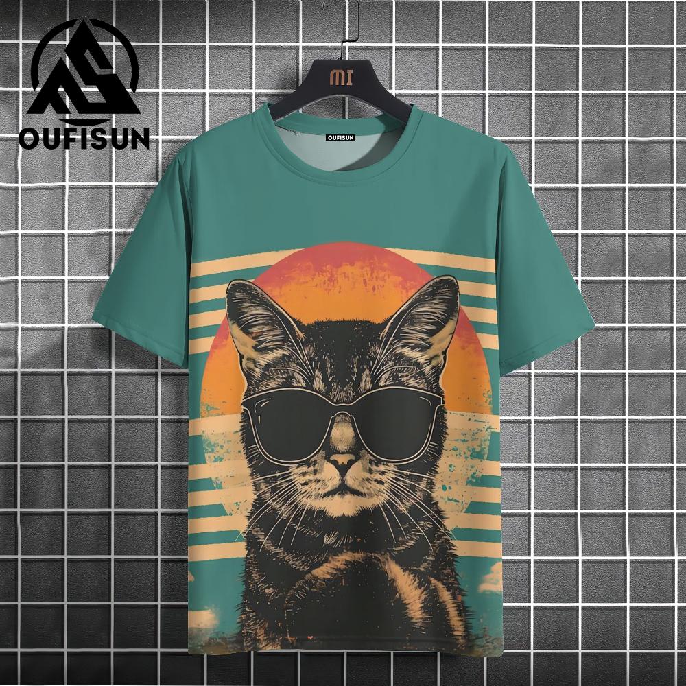 Funny T-shirt Cartoon Cat Pattern Men's T-shirt, 3D Printing Casual Pullover