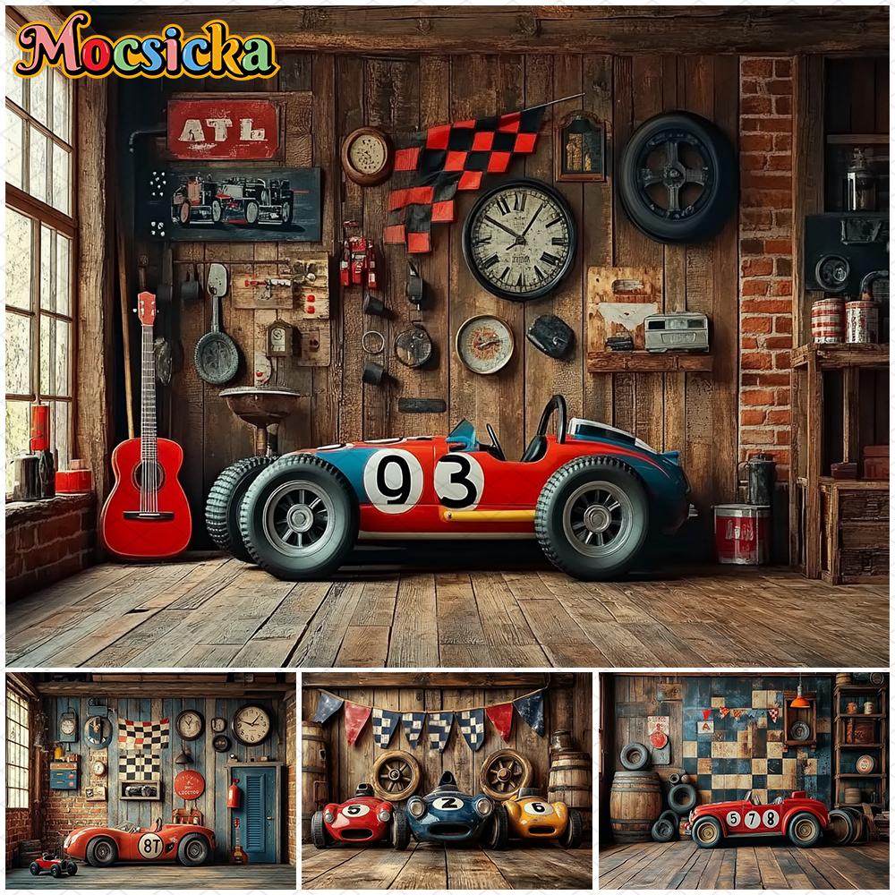 Mocsicka-Фон для фото гоночного автомобиля, вечеринка по случаю дня рождения, шиномонтаж, декорации для деревянного дома, фотофон, студийный баннер.