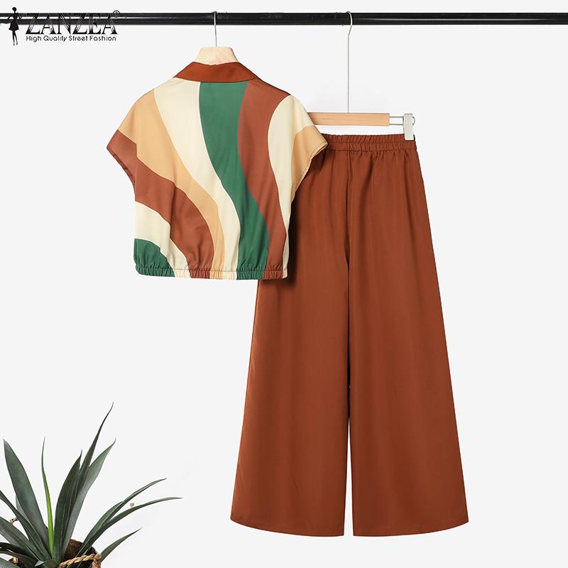 ZANZEA Women Print Blouse and Pants Summer Two Piece Suit Sets