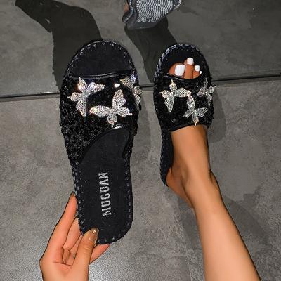 Модные женские блестящие шлепанцы 2024 Новые летние модные сандалии с пайетками, сандалии со стразами в виде бабочек, повседневная обувь на плоской подошве, Zapatos De Mujer
