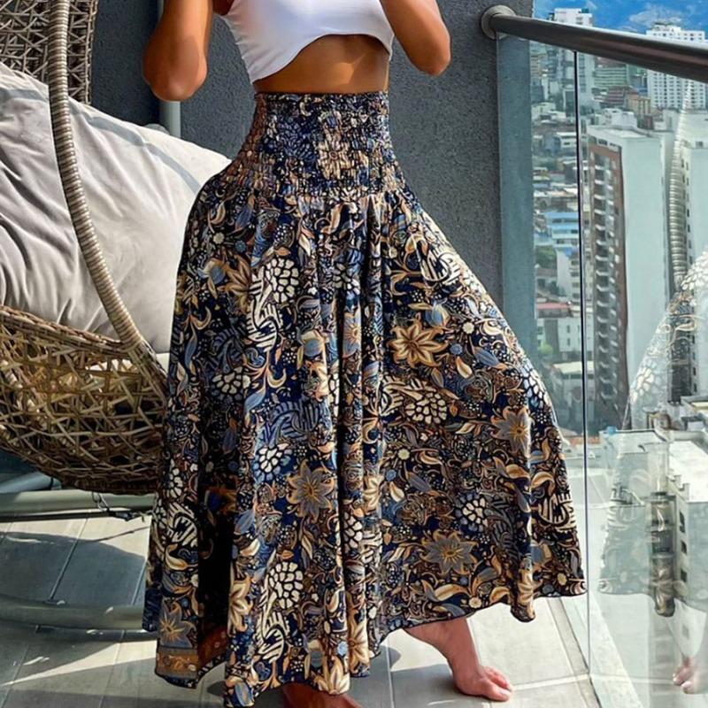 Женская богемная длинная юбка до середины тела с цветочным принтом, свободная повседневная пляжная юбка с высокой талией для отпуска, свободные юбки для праздничной вечеринки