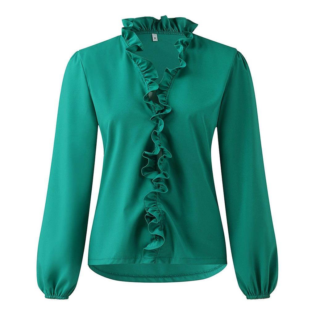 Fashion Woman Temperament Long Sleeve Ruffle Blouse Solid Colour Comfort Shirt
