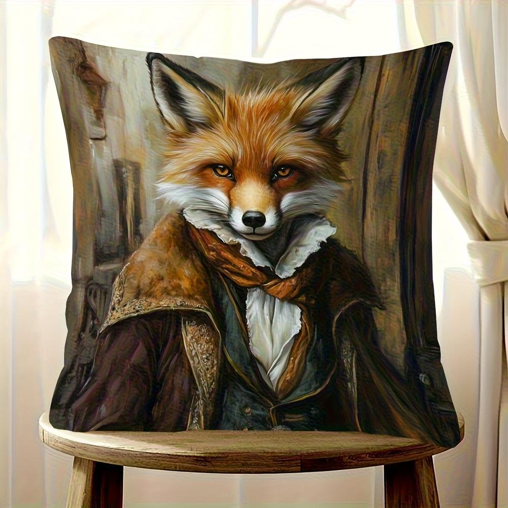 2D Flat - A 2D Traditional Style Fox Master Short Plush Pillowcase - Double-Sided Printed 45.72X45.72 cm Decorative Cushion Cover with Zipper, Machine