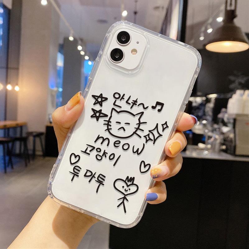 Милый Кавайный Кот Собака Наклейка Чехол для Телефона для iPhone 17 16 15 14 13 12 11 Pro Max Plus Корейский Стиль Ударопрочный Прозрачный Мягкий ТПУ Чехол