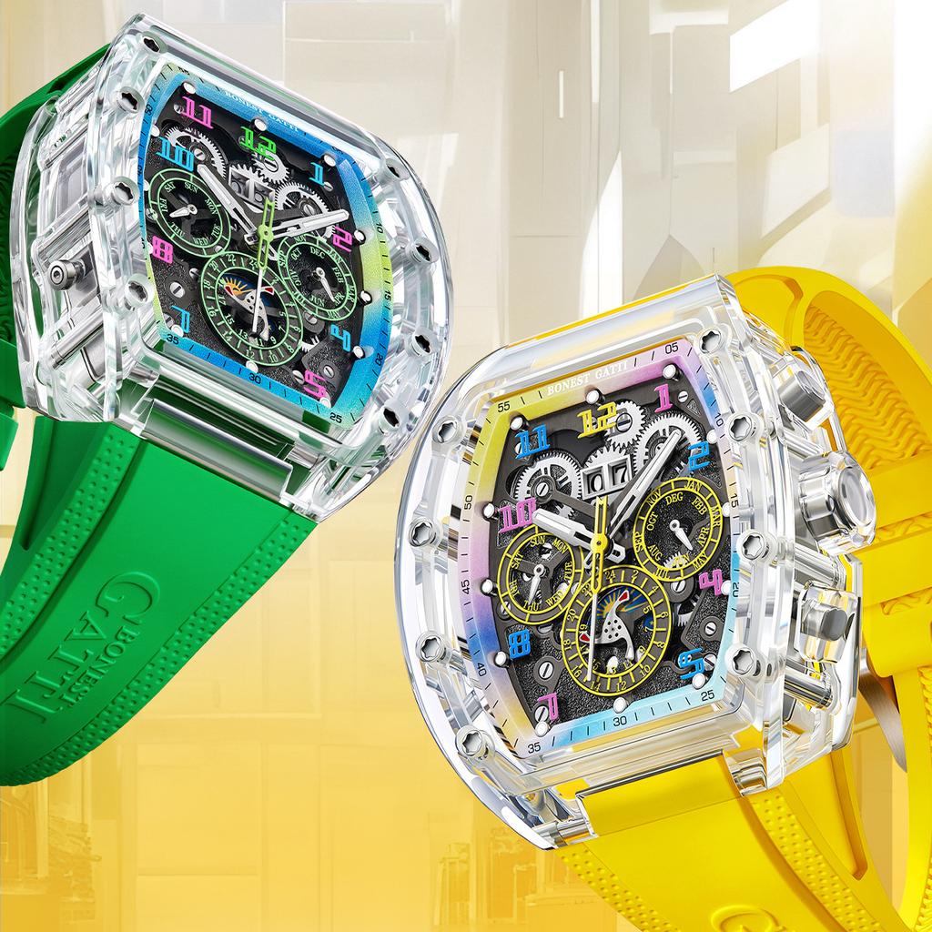 Bugatti Watch Men'S Barrel-Shaped Multifunctional Three-Eye Acrylic Transparent Case Mechanical Watch