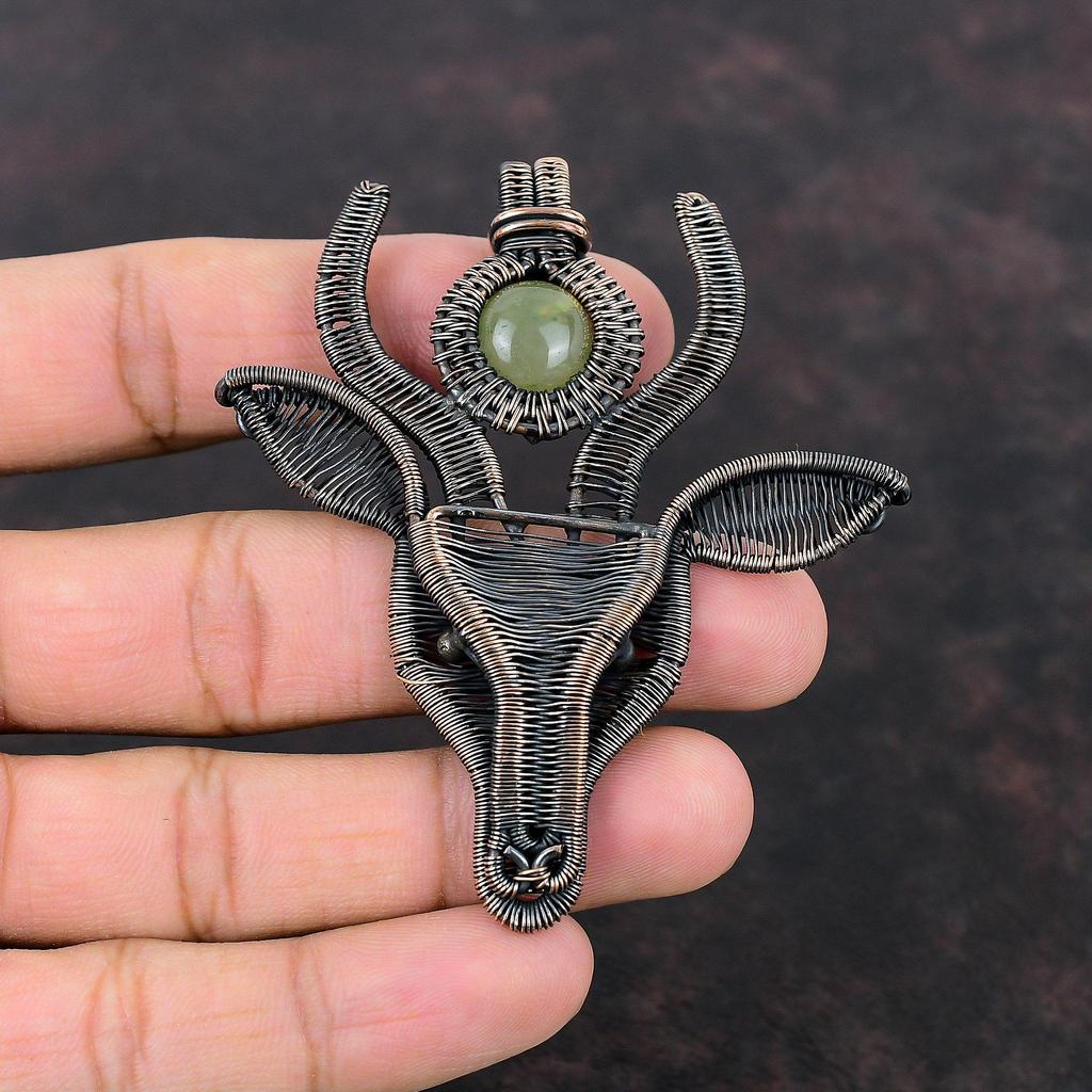 Подвеска из пренита, медная проволочная подвеска, ручная работа, подвеска в виде коровьей морды, ювелирные изделия из драгоценных камней, этническая подвеска, медные ювелирные изделия, подарок для нее