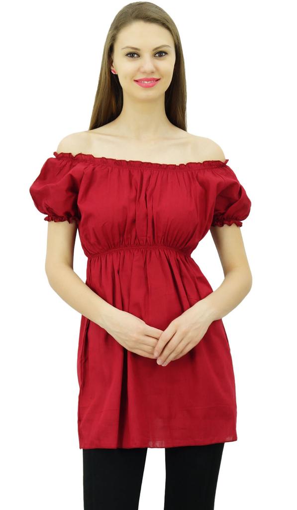 Bimba Женские топы с открытыми плечами и пышными рукавами, блузка с эластичной талией, хлопок