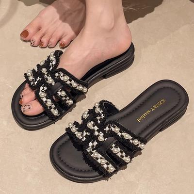 Жемчужные тапочки женские летние новые модные красивые пляжные сандалии на плоской подошве для улицы
