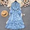 Autumn Elegant Dresses for Women Long Puff Sleeve Stand Collar Lapel Single Chiffon Floral Print Vestidos Skinny Dress Dropship