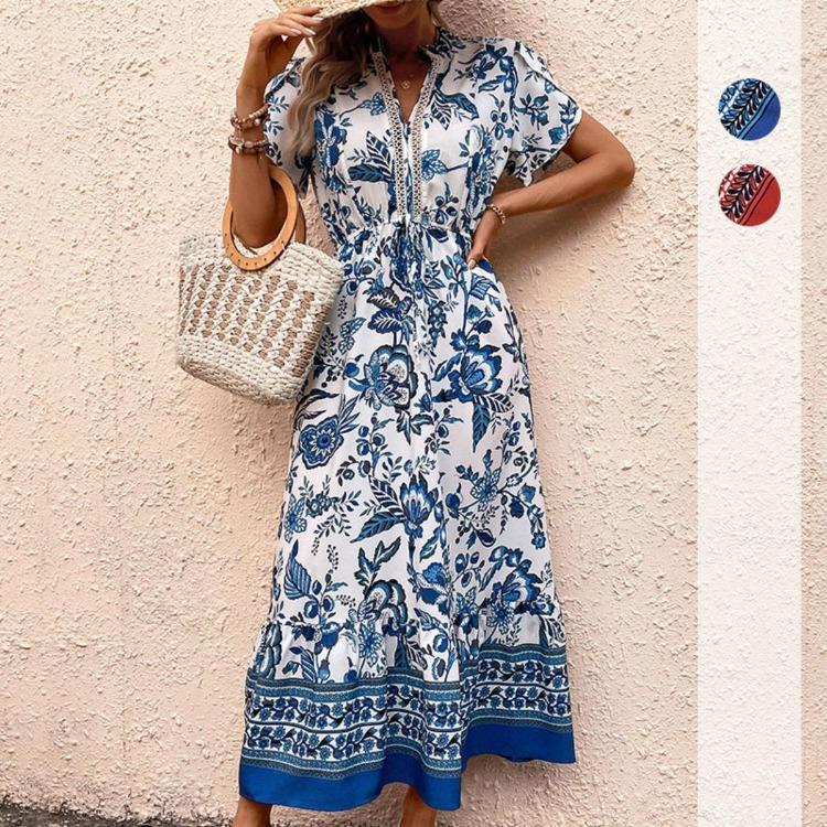 Hot Selling Women's Blue Retro Ethnic Print Vacation Dress Casual Slim Waist Crossbody Apparel Fashion