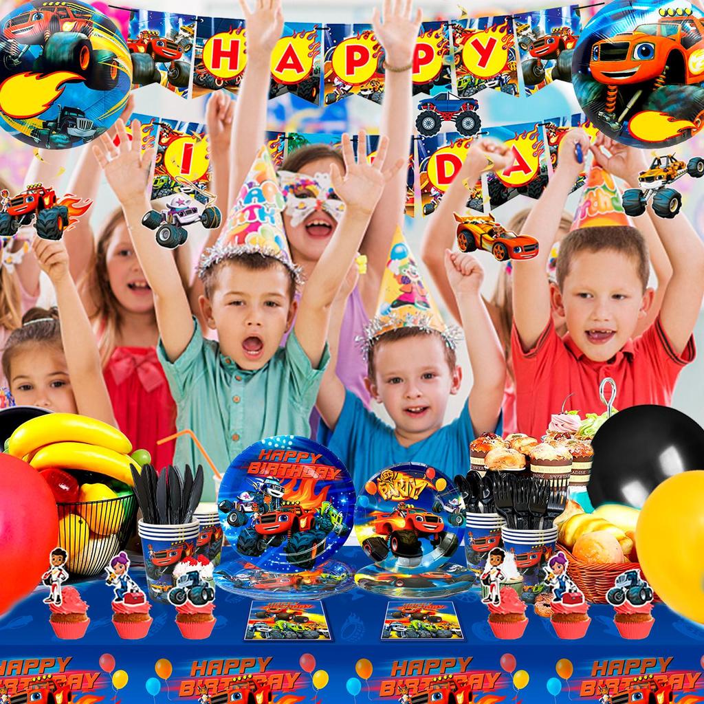 Monster Truck Birthday Party Supplies,119pcs Monster Machines Party Plates and Napkins Cups Table Cloth Banner Balloons Cake Topper Ect