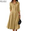 Womens Casual Turn Down Collar Loose 3/4 Sleeve Midi Dres