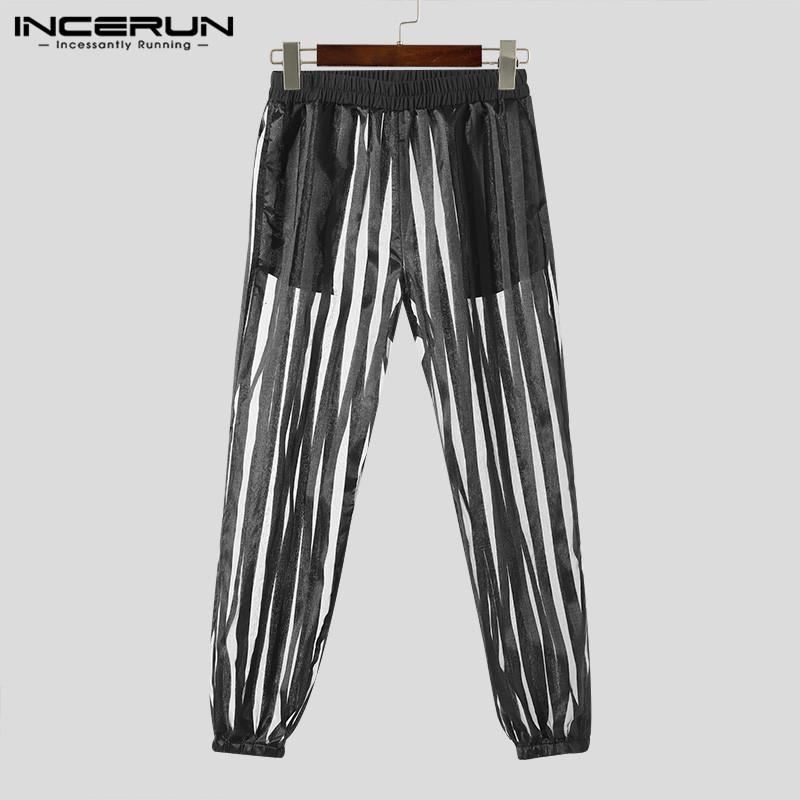 INCERUN Men Summer Mesh See Through Pants Summer Striped Long Trousers
