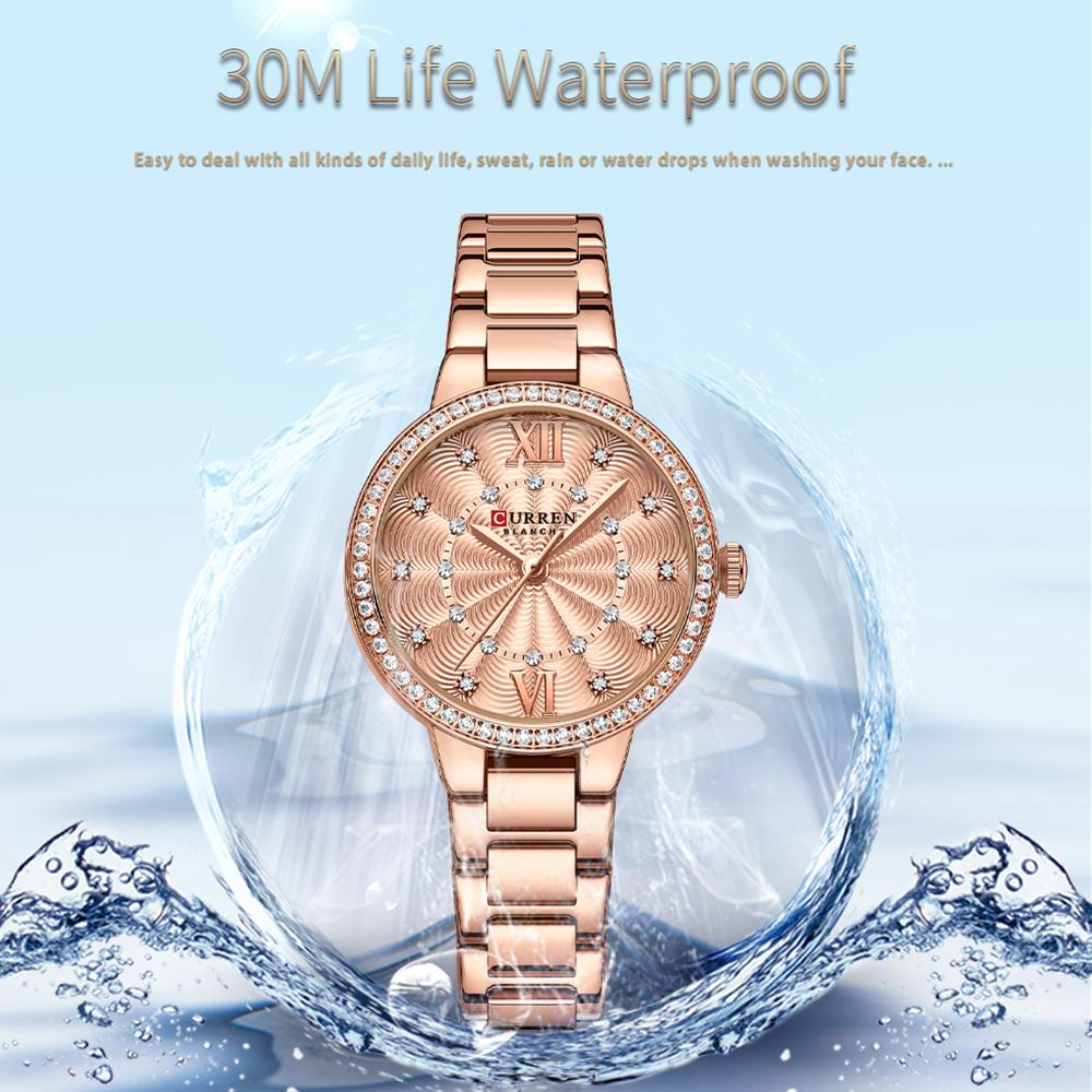 CURREN Кварцевые наручные часы для женщин, роскошные модные часы со стразами и розовым циферблатом, новинка с ремешком из нержавеющей стали