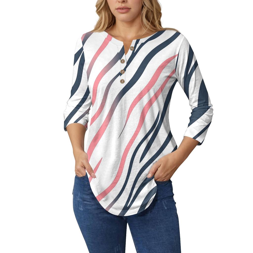 Женские топы с рукавами 3/4, летние футболки с цветочным принтом и V-образным вырезом, повседневные базовые футболки с пуговицами, туники