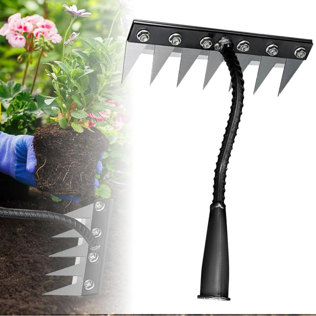 Iron Weeding Rake 2.0,7 Teeth Carbon Steel Garden Weeder Rakes,Iron Rake for Yard Lawn and Garden,Heavy-Duty Gardens Hand Weeder Puller Tool