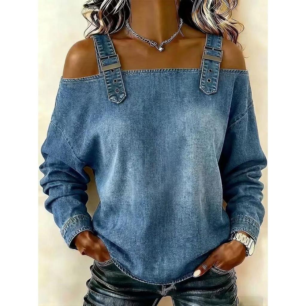 Women's Blouse with Long Sleeve Off-the-shoulder Spaghetti Straps Top for Spring Summer Autumn