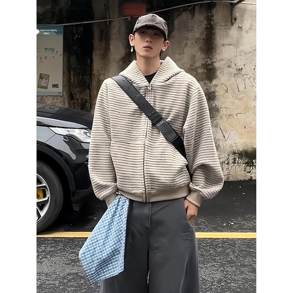 Унисекс ретро-худи на молнии в полоску, кардиган для весны/осени - Повседневное, свободный крой