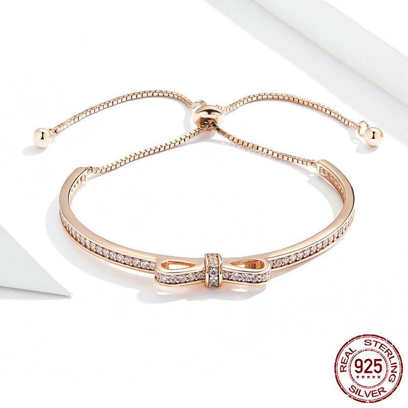 New Sweet Bow S925 Sterling Silver Bracelet Fashionable Rose Gold Plated Fashionable Silver Bracelet
