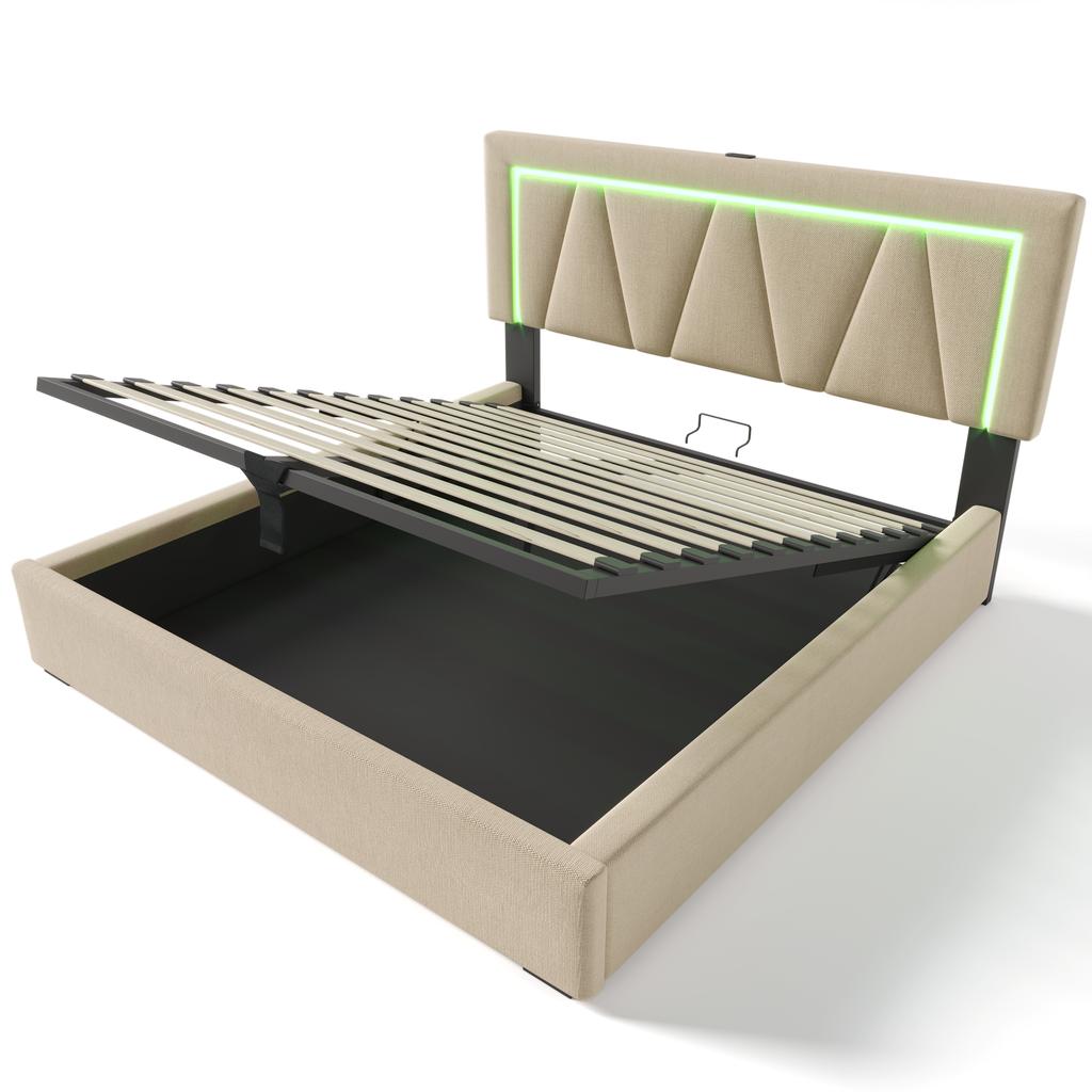 Upholstered LED Double Bed with USB Type C Charging and LED Lighting, Storage Bed Frame, Linen, Youth Bed 140x200 with Slatted Frame (No Mattress)