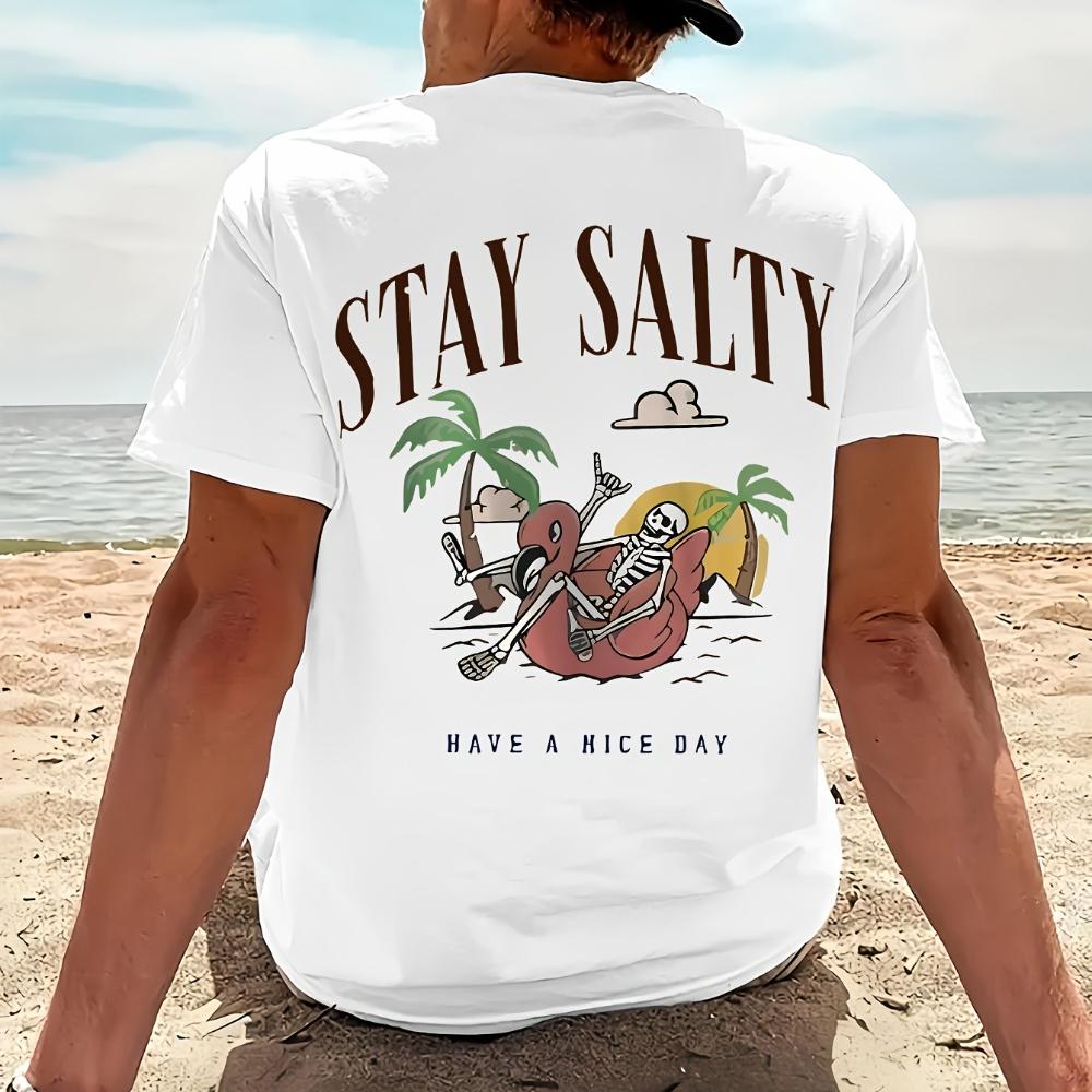 Keep Salty Skull Pattern Unisexs Summer Pure Cotton Fashionable Summer Beach Pattern Loose Casual Sports Short Sleeved Tshirt