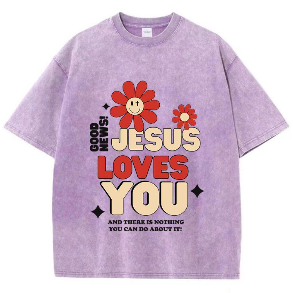 Woman Cotton Washed T-Shirts Good News Jesus Loves You Letter Graphic Print Short Sleeve Loose O-Neck Tops Summer Female Clothes