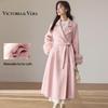 Women's Fox Fur Sleeve Wool Blend Long Coat with Belt