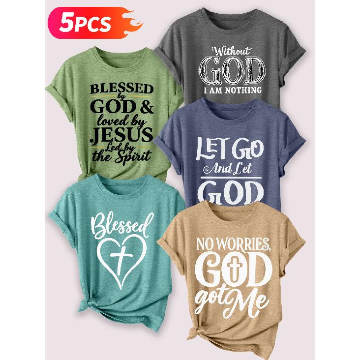 Follow a specific direction Five-piece set for women T Shirt Vintage Letter Print Summer Casual Elegant Women's Clothing Short Sleeve Top Essential