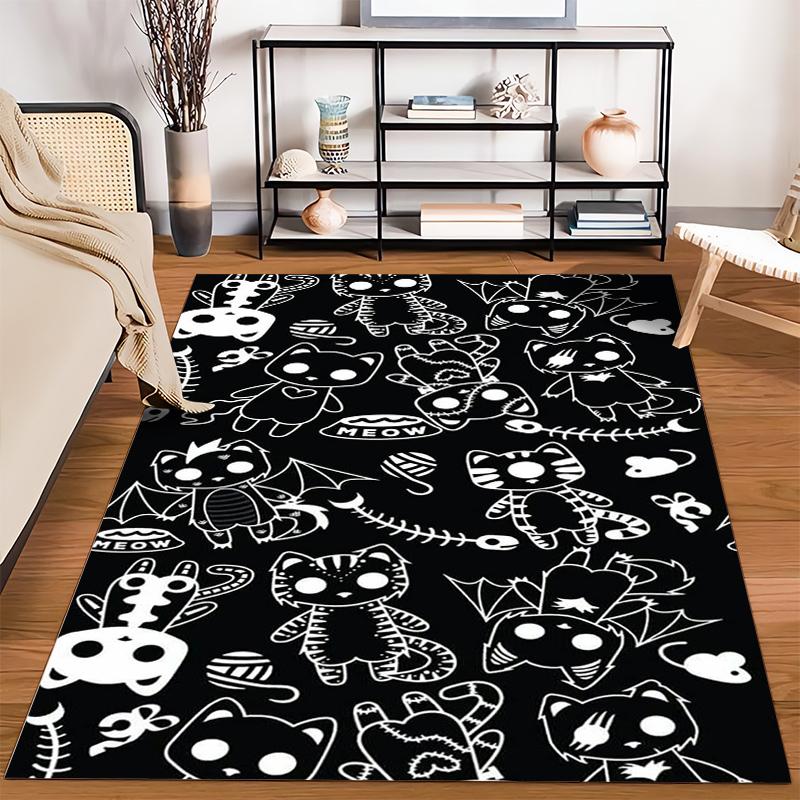 Black Carpet Featuring Cute Cartoon Cats1Bat-Wing Design1Fishbones1Unique Style Suitable for use as an anti-slip1 for1room and bedroom sofas
