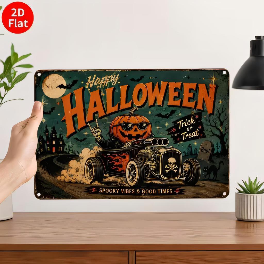 Happy Halloween Tin Sign for Garage Bar Wall Decor Vintage Trick or Treat Pumpkin Skeleton Cat Witch Car Spooky Vibes Metal Pla