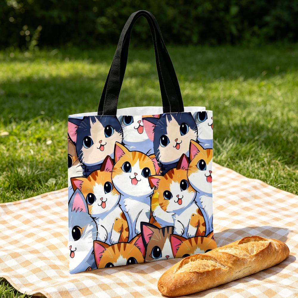 Cute Cat Print Handbag Kitten Pattern Tote Bags And Makeup Bag Combination For Daily Use Shopping And Travel Portable Pouch