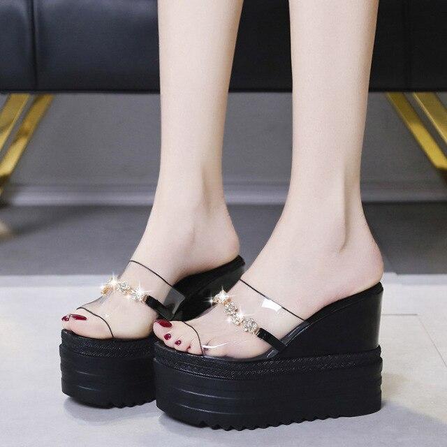 White Slipper Women Summer Fashion Platform Sequined Slippers Slope Heel Women Shoes Rhinestone Transparent Wedges Slides