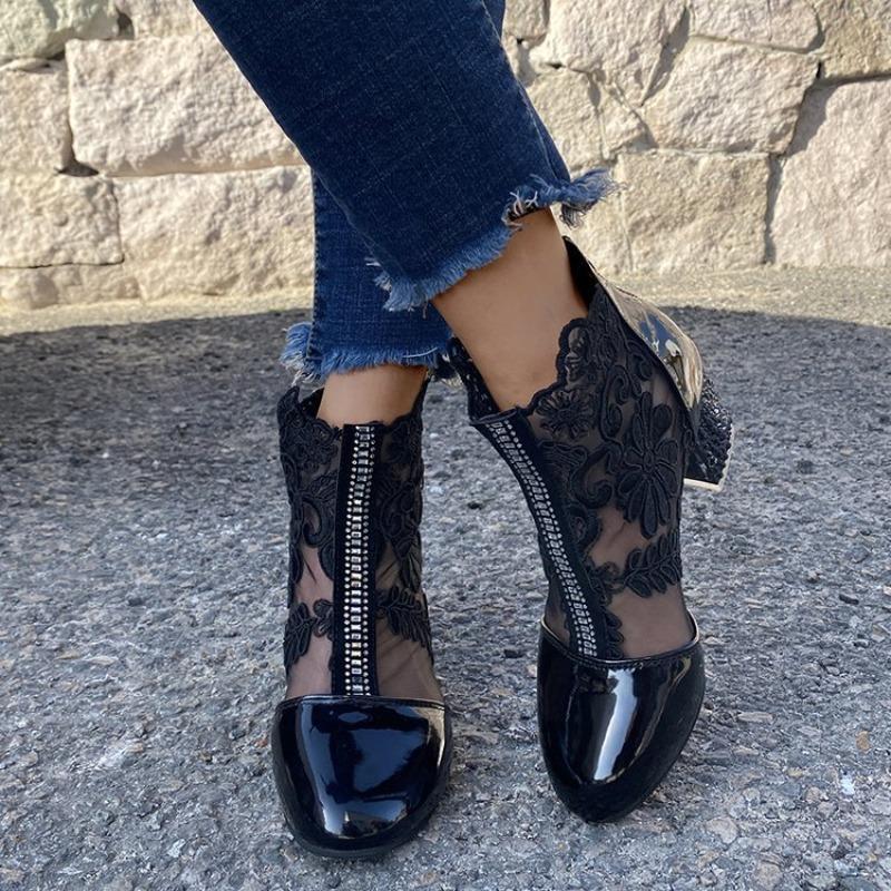 Fashion Boots Women's Mesh Floral Embroidery Clear Chunky Heel Boots Pointed Toe Platform Short Boot Mid Thick Heeled Pumps Zapatos