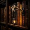 Skeleton Themed Desk Lamp Hand Lantern Shelf Light, Warm LED Library Nightlight, Gothic Retro Metal Decorative Mini Bookshelf for Halloween Book Nook,