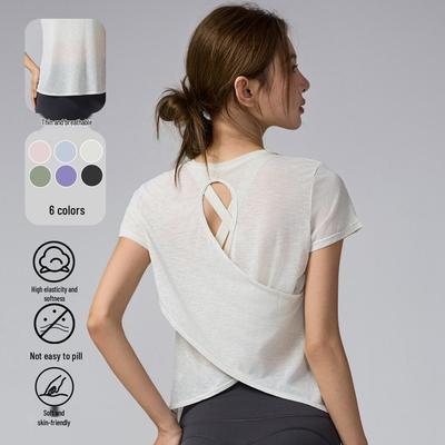 2025 Комплект женского спортивного топа с коротким рукавом для йоги и пилатеса с открытой спиной