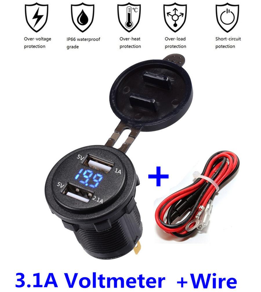 Waterproof Dual Usb Charger Socket Waterproof Power Outlet 3.1A With Voltmeter & Wire In-Line 10A Fuse For 12-24V Car Boat Marine Motorcycle