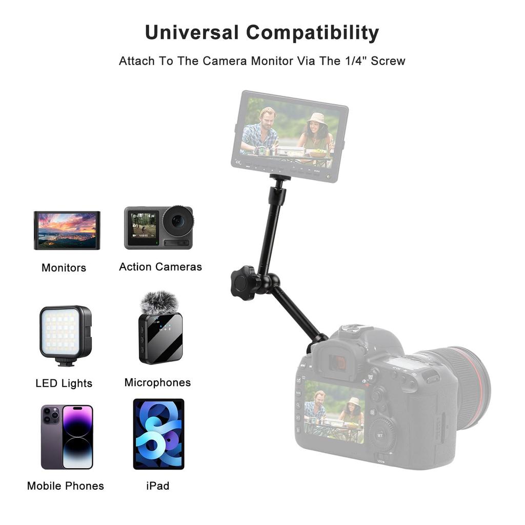 TECDW Adjustable Magic Super Ball Articulating Magic Arm with and Screw Magic Arm Clamp for LED Flash Camera 11" Arm, Clamp, 360° Head, 1/4" 3/8"