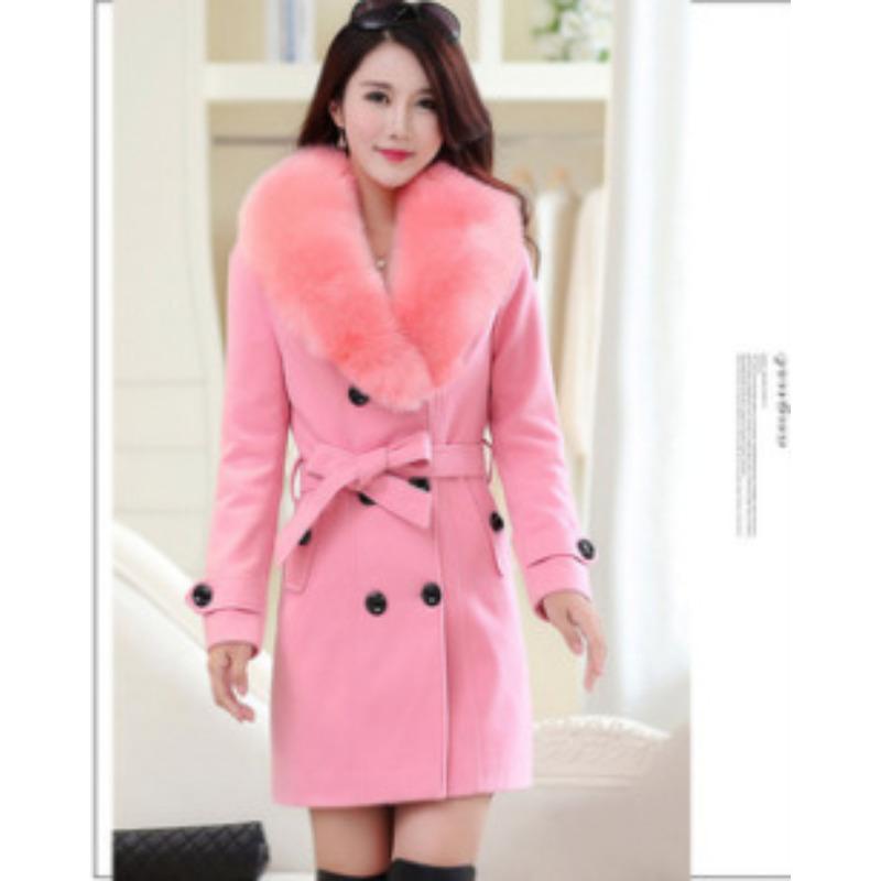 Осенне-зимнее шерстяное женское пальто Корейская версия Двубортное Средней длины и длинное шерстяное пальто Воротник из искусственного меха