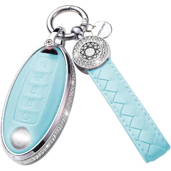for Volvo Key Fob Cover with Keychain, Blue Leather Rhinestone Key Case Protection Shell Compatible with XC90, XC60, XC40, S60, S90, V60, V90,