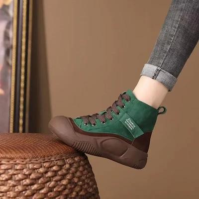 Женские вулканизированные туфли Осень Женские кроссовки с высоким верхом Зима На шнуровке Круглый носок Повседневная Толстая подошва Нескользящая Женская обувь