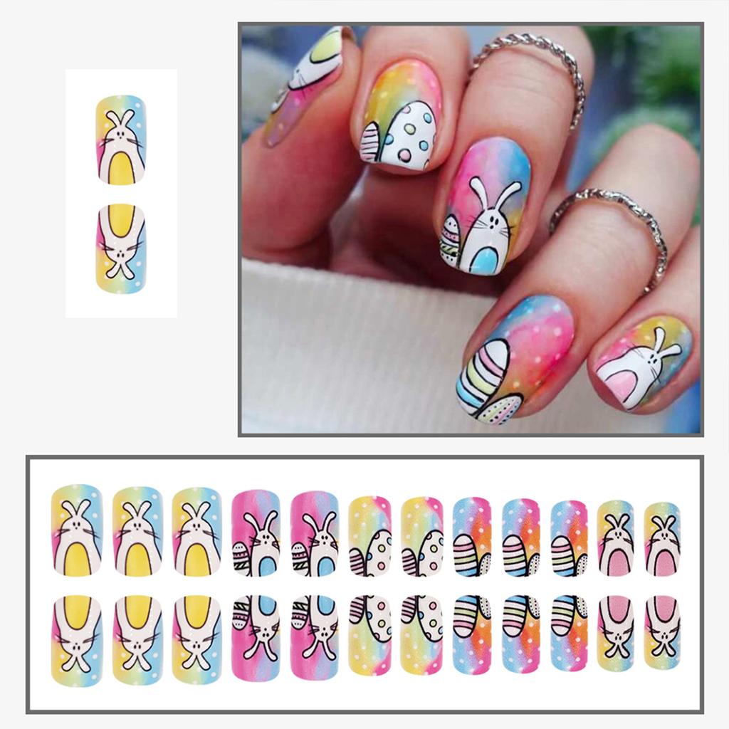Easter Theme Glossy Colorful Fake Nails Full Cover Square Artificial Nail Tips for Stage Performance Wear