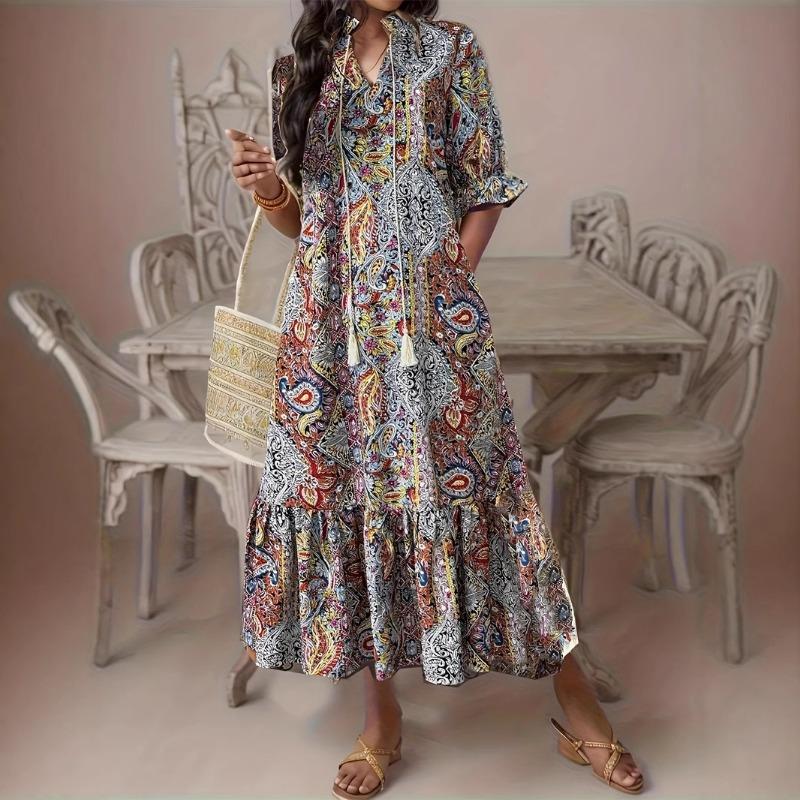 Женское удобное повседневное платье Женское платье с принтом и V-образным вырезом с оборками
