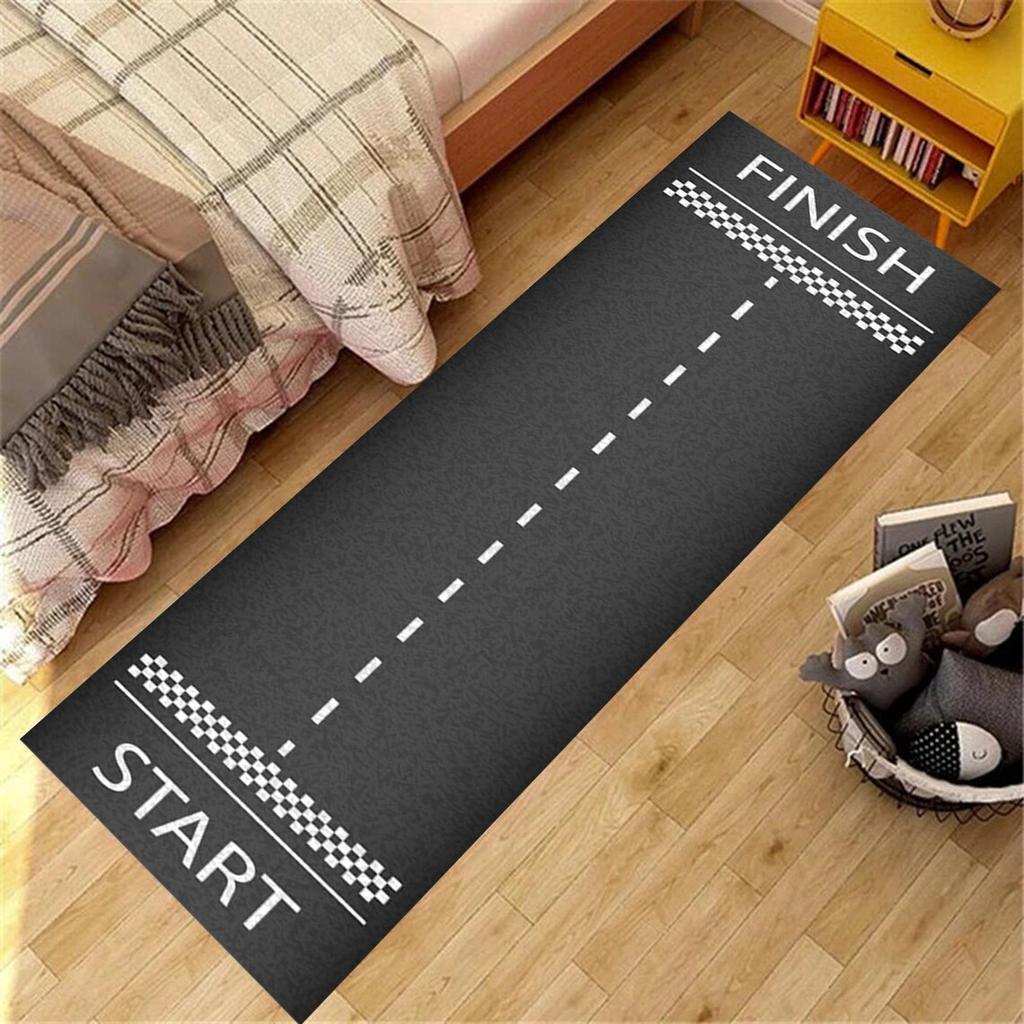 Race Track Themed Runner Rug Non Slip Hallway Carpet for Boys Bedroom Living Room Asphalt Road Pattern Durable Floor Mat Decor
