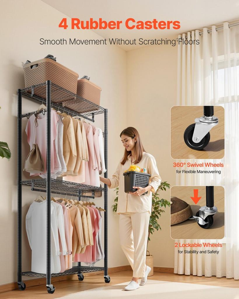 Rolling Clothes Rack, Heavy Duty Clothing Garment Rack, 3 Adjustable Tiers Clothing Racks with Carbon Steel, 204 kg Load Capacity Closet Wardrobe for