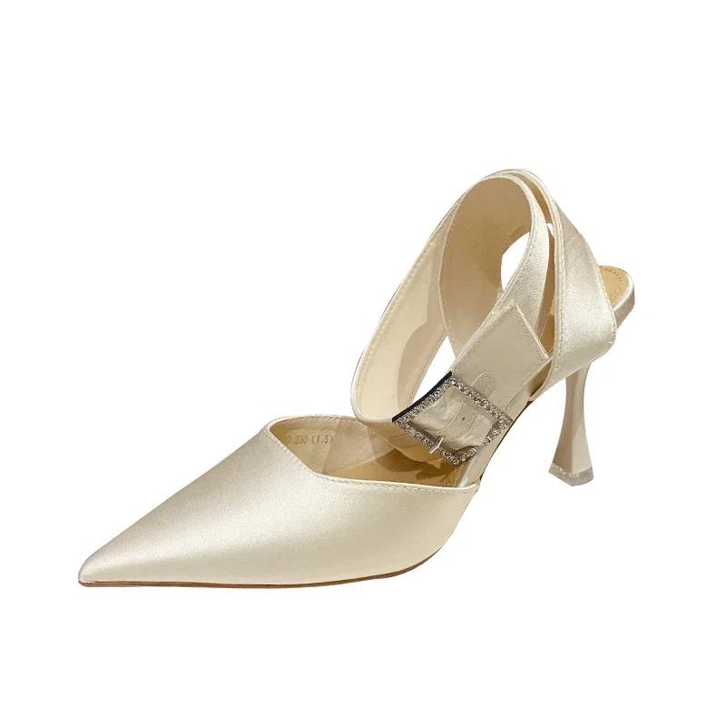 Модная летняя обувь для женщин, темпераментные туфли-лодочки с острым носком, сандалии на тонком высоком каблуке, ремешок с квадратной пряжкой из стразов, клубная обувь для вечеринок