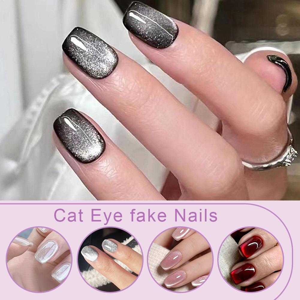 24PCS Cat Eye Short False Nails Reusable Glitter Fake Nails Fake Nail Sweet Almond False Nails For Women DIY Manicure
