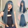 Blue Gray Wigs Air Bangs 24 Inch Straight Fiber Synthetic Wigs Heat-resistant Natural Party or Selfie For Women Daily Use Korean Fashion